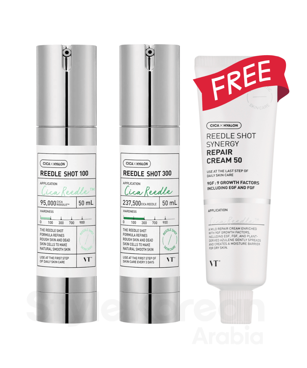 Silver bottles of VT COSMETICS REEDLE SHOT DUO SET with white repair cream for advanced skin care.