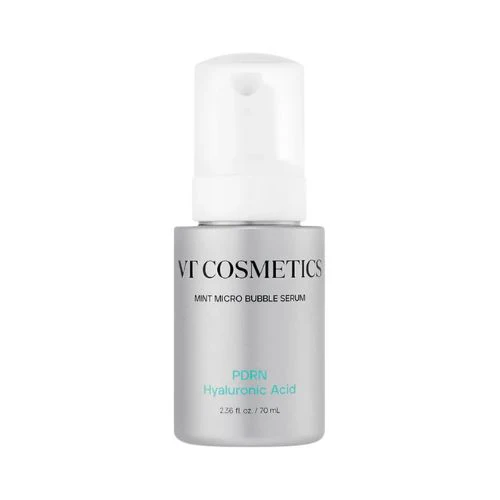 Mint green bottle of VT COSMETICS PDRN HYALURONIC ACID MINT MICRO BUBBLE SERUM for skin hydration and repair.
