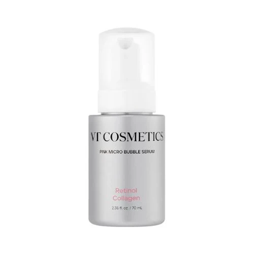 Silver bottle of VT RETINOL COLLAGEN PINK MICRO BUBBLE SERUM featuring pink micro-bubble technology.